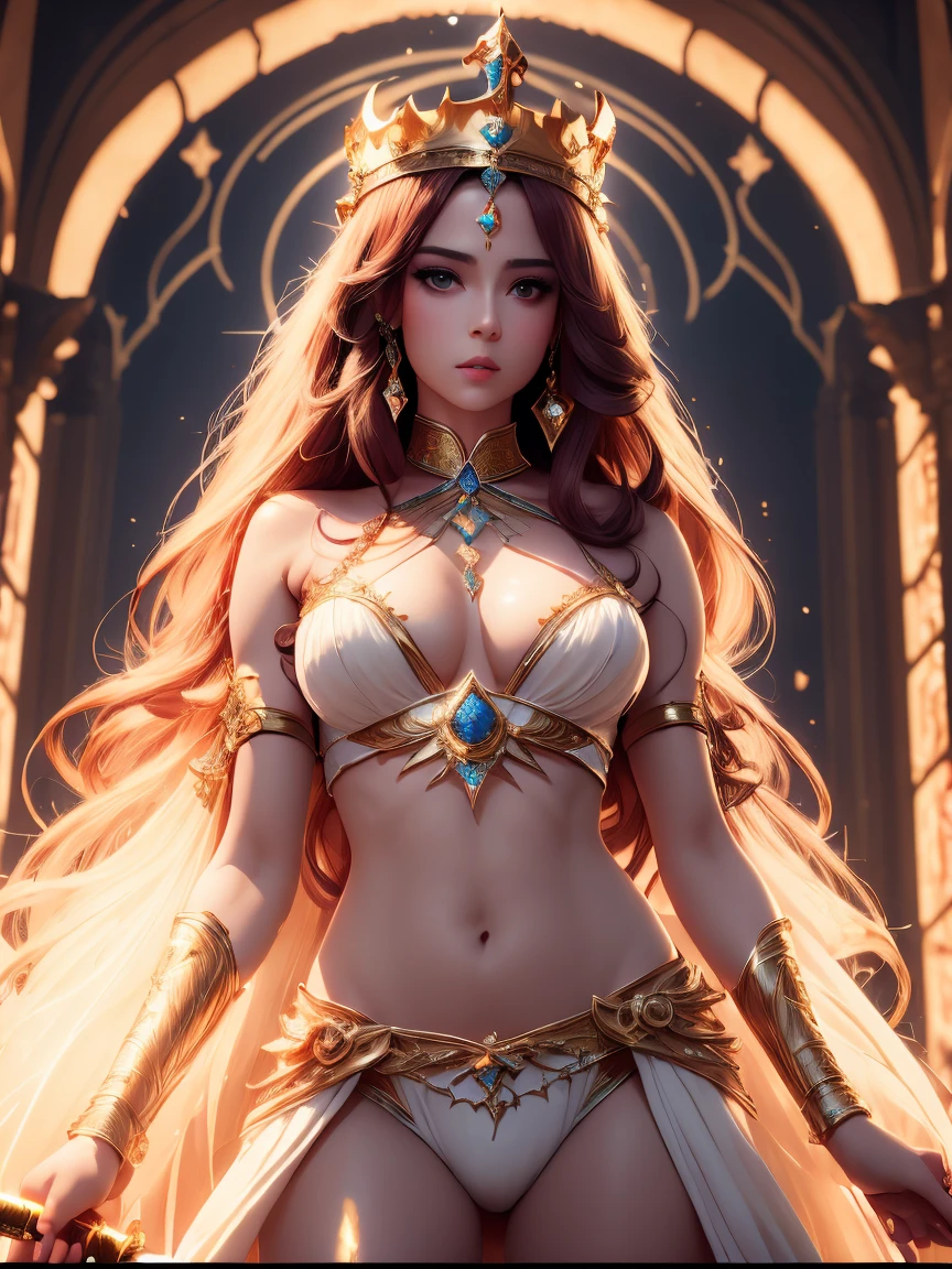 Woman in white holding a sword and wearing a golden crown, ((Beautiful Empress of Fantasy)), Beautiful Empress of Fantasy, Egyptian princess, Goddess. Very high detail, beautiful Goddess, The Arabian Princess, full body cgsociety, anime Goddess, cinematic Goddess body shot, High precision commission, The Arabian Princess, Inspired by Rosedraux, 3D Oshun Epic