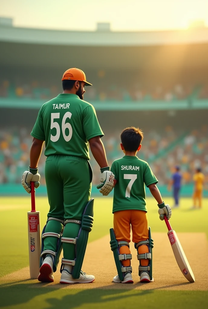 5year old nephew in green t-shirts with 21year old uncle with beard in a cricket going to batting against India the nephew name on t-shirts is Taimur back side and t-shirts number is 56 and the uncle name on t-shirts is SHURAIM and t-shirts number is 7 back side