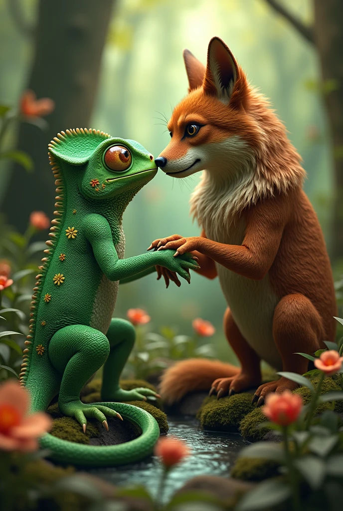 A green chameleon and a brown she-wolf in love