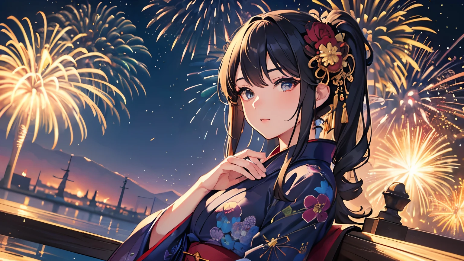 masterpiece,highest quality,(((Super Detailed Woman1))),Super detailed face,Super detailed eye,yukata,Sitting,day time,Fantasy,Calm,nebula,8k High resolution,(((firework)))