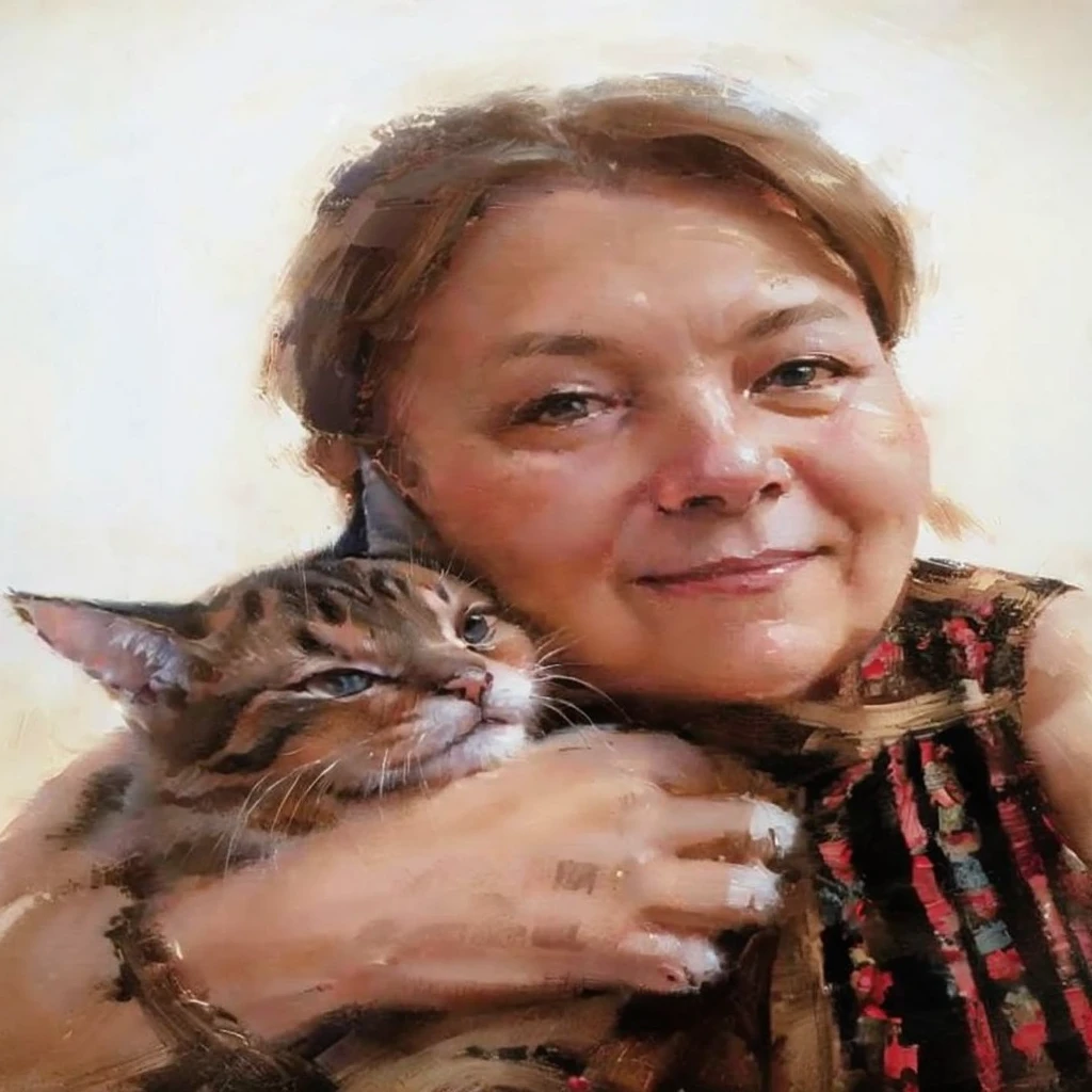 oil painting of a happy woman with a brown kitten with black stripes .with the cat in his left arm , heavy brush strokes, paint drops, Baroque, emotional intensity, Dutch Golden Age, time, cell shaded layered image, , Very detailed, Intricate, volumetric lighting, gorgeous, masterpiece, sharp focus, depth of field, perfect composition, Acrylic painting, pixiv fanbox trends, spatula and brush strokes, 16k hi-nothing, HD