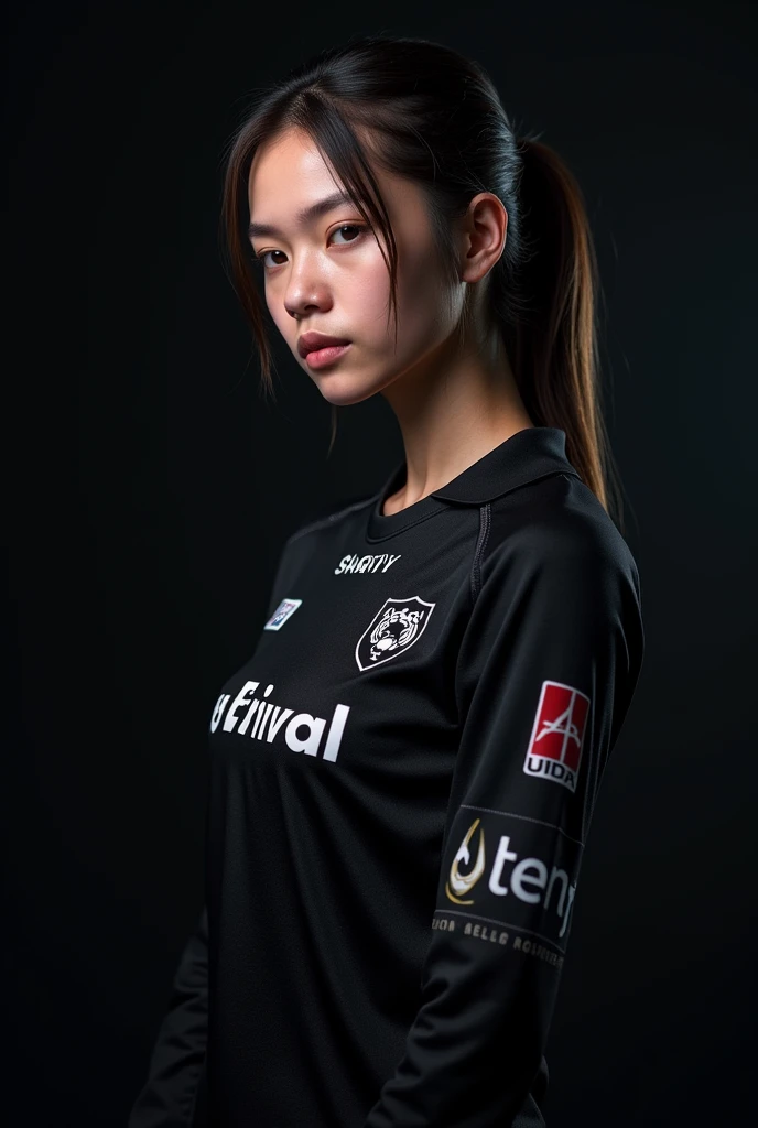 a very close shot with side pose of a skinny girl wearing a black eSports jersey with long sleeves with sponsorships on the  jersey, with black background