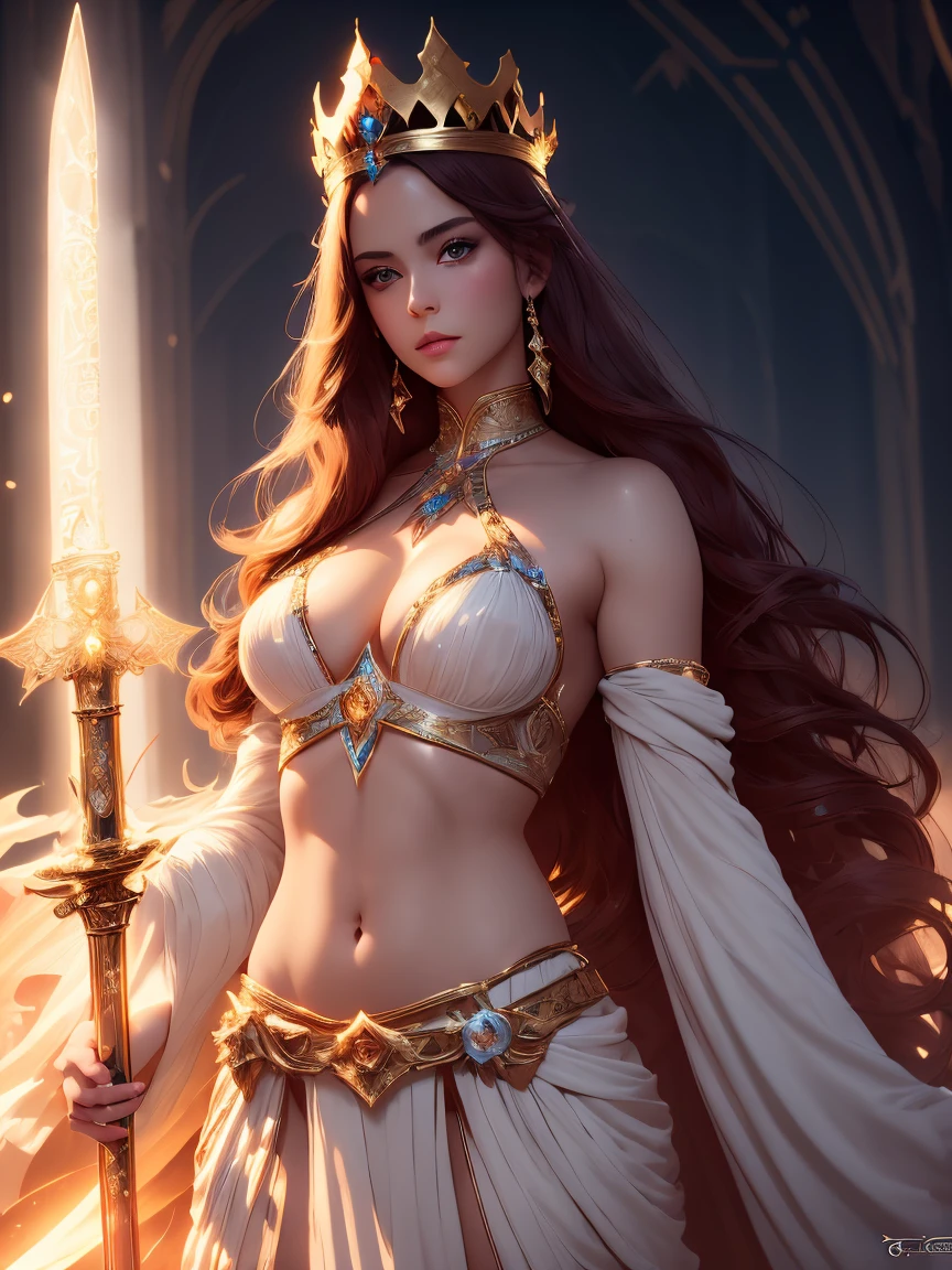 Woman in white holding a sword and wearing a golden crown, Concept art inspired by Rossdrax, Artstation contest winner, Imagination art, ((Beautiful Empress of Fantasy)), Beautiful Empress of Fantasy, Egyptian princess, Goddess. Very high detail, beautiful Goddess, The Arabian Princess, full body cgsociety, anime Goddess, cinematic Goddess body shot, High precision commission