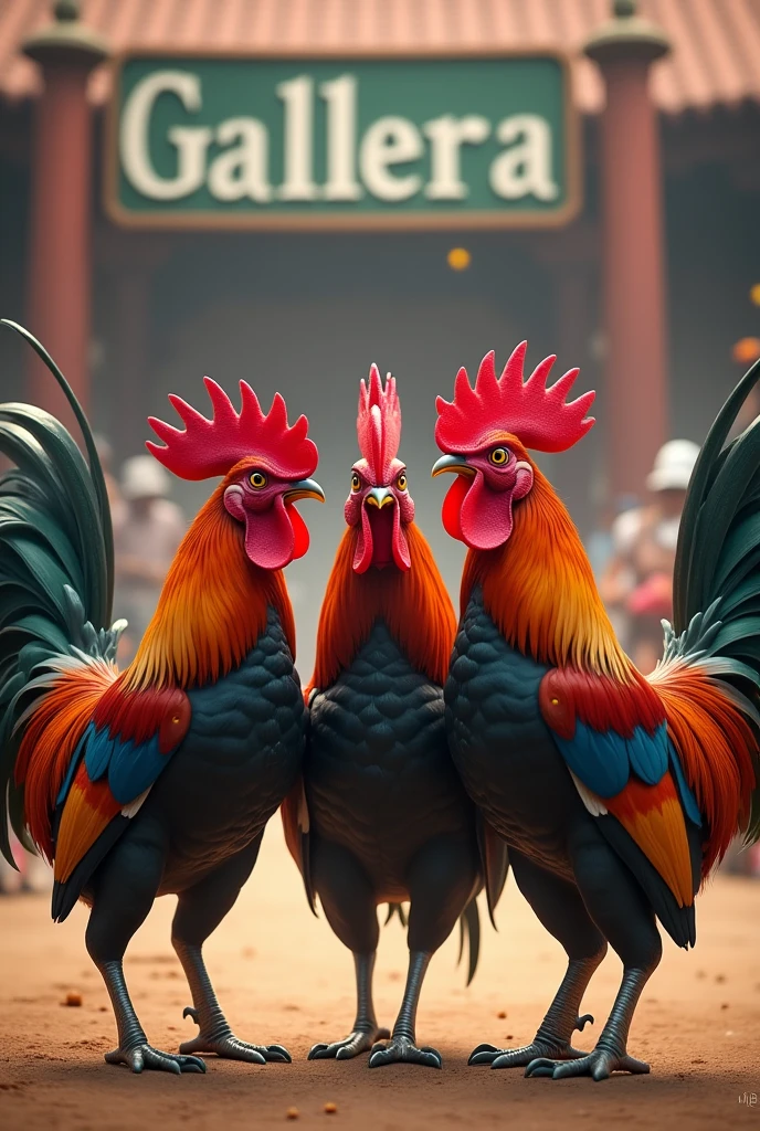 Three roosters turn and a sign that says Gallera three warriors 