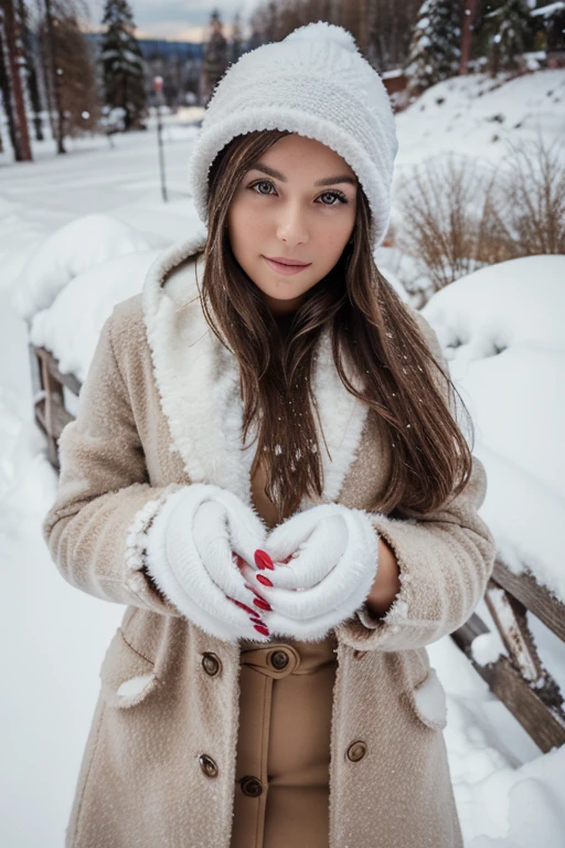 Young brunette woman, in Finland, winter outfit, bonnet F, visage parfait, Perfect fingers, main parfaite, jambes parfaites, pieds parfaits, sexly, random camera angle, mains vides, mannequin, capturez l'essence du look européen.