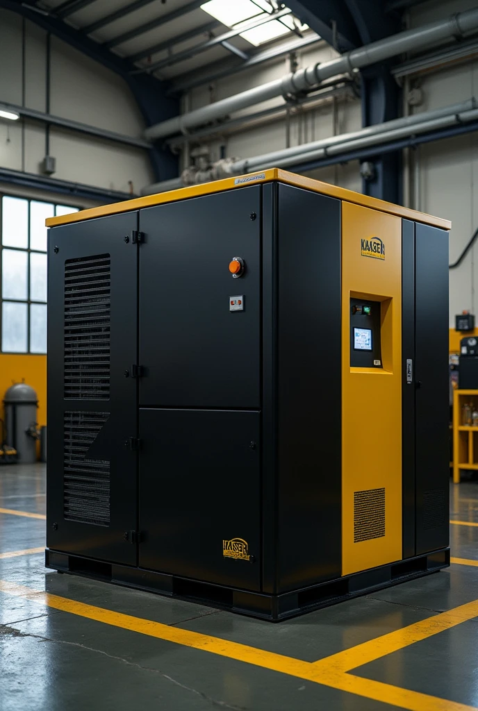 Make a industrial compressor of components any named Kaeser compressors of black and yellow colour