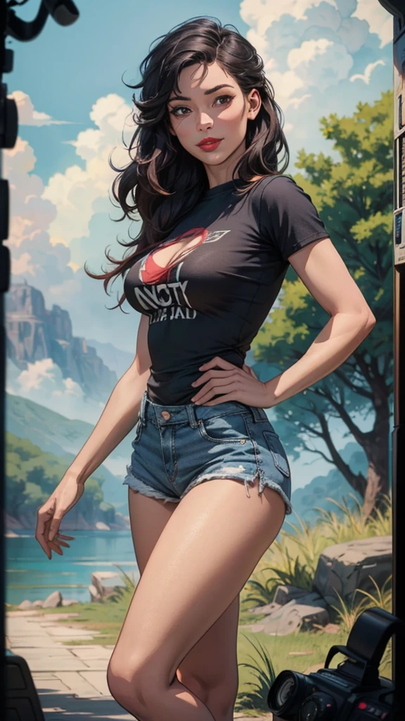 1 woman, beautiful,model,medium chest,Thin waist,thin legs,long legs, sexy,Posing , Alone,(background with:forest) She has long hair,standing on his feet,seen from the front, black hair, mostly cloudy sky,(((masterpiece),(Highly detailed CG Unity 8k wallpaper),The best quality,cinematic lighting,detailed background,beautiful detailed eyes,bright pupils,(very fine and beautiful),(Beautiful and detailed description of the eye.),black eyes,red lip,Ultra-detailed,masterpiece,)),looking to the camera,(A high resolution,Ultra-detailed),revealing breasts,sexy posture,smile,(fitted t-shirt,sexy denim shorts)