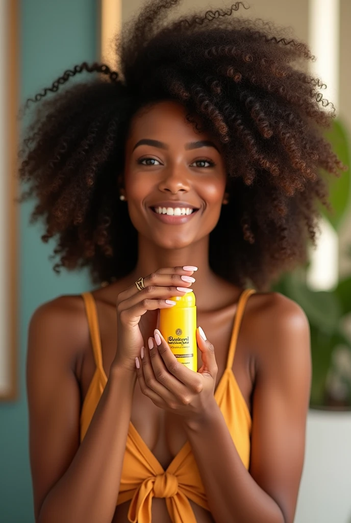 A Brazilian woman with curly hair holding a hair cream in her hand