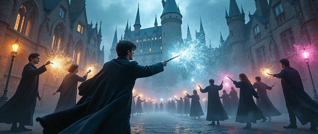 Harry Potter and his friends conjuring against the dementors. With many colors and sparkles surrounding them outside the house of Griffindor.