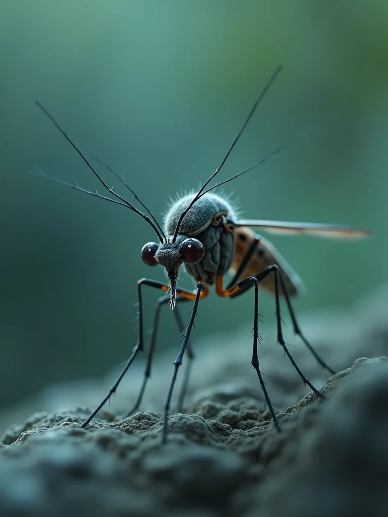 Cute scary mosquito with giant eyes, ultrarealistic full body, Cinematic Lights, detaileds, blurred elements around, green and blue gradient cores, 8K ar16:9