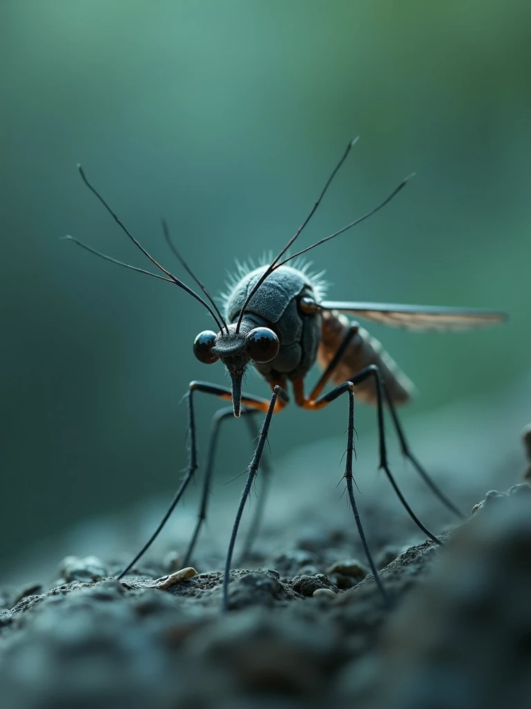 Cute scary mosquito with giant eyes, ultrarealistic full body, Cinematic Lights, detaileds, blurred elements around, green and blue gradient cores, 8K ar16:9