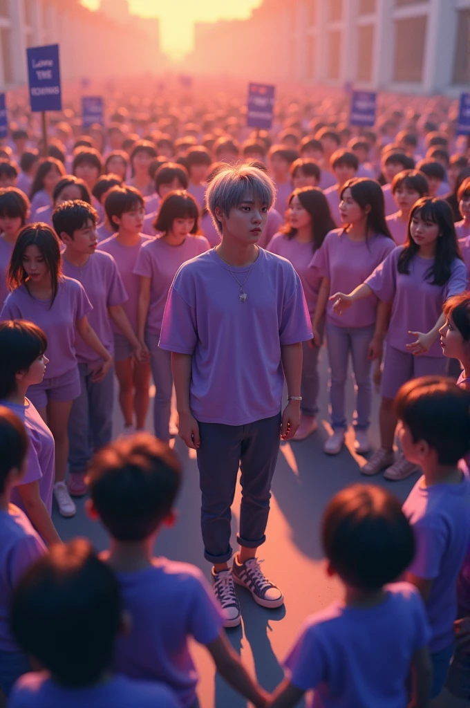 Create a realistic style image of BTS' Yoongi standing in the center of a circle formed by fans. The fans are holding hands, forming a protective barrier around the idol. All the fans are dressed in shades of purple, representing your love and support. Some of them hold banners and posters with messages of encouragement., as '#WeLoveYoongi' e '#BTSis7.' In the center, the idol has a serene expression and is dressed casually, with a soft light that highlights the scene. The atmosphere of the image should be warm and full of affection.