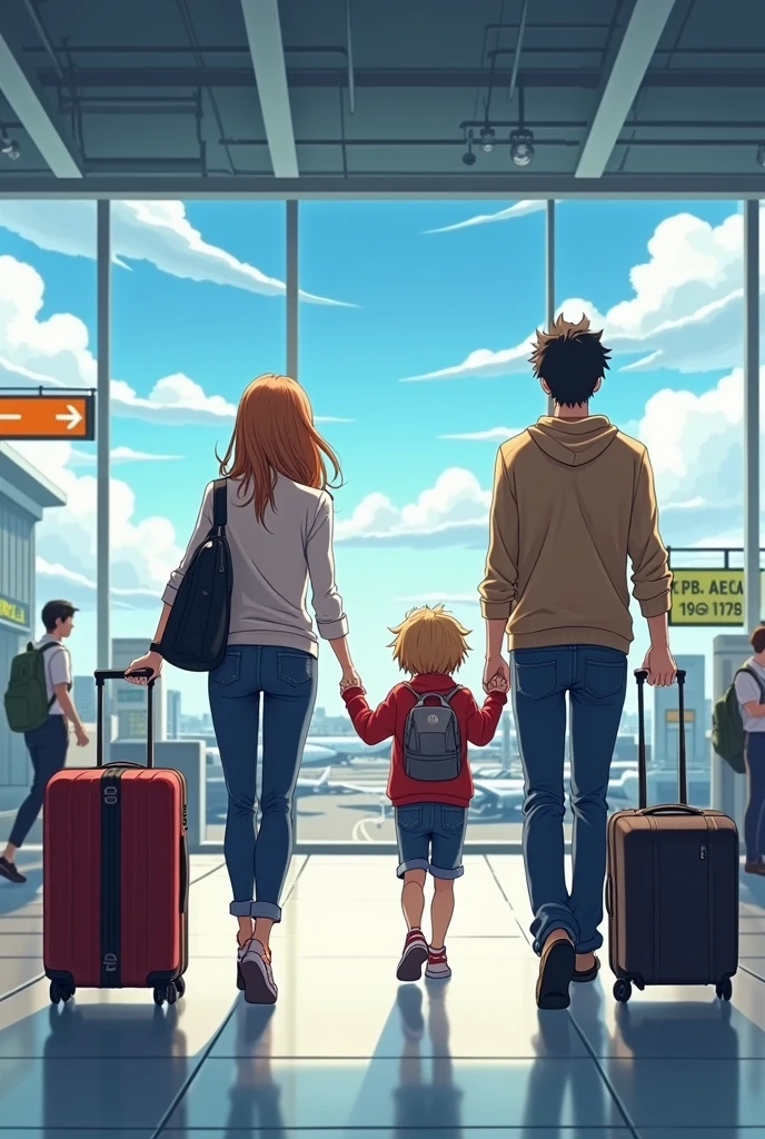 Realistic anime airport trip family america