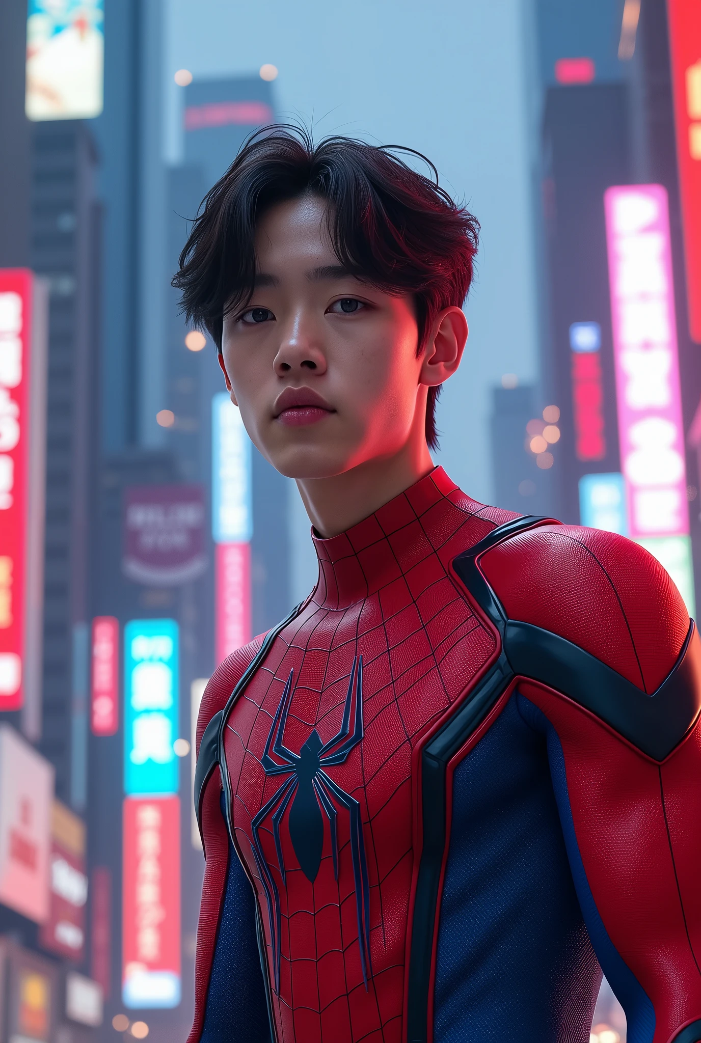 make an image where taehyung wears a spiderman suit