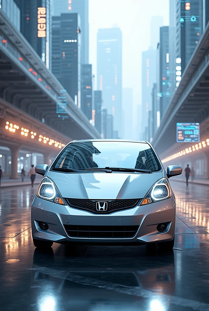 a silver 2006 Honda Fit car for the background of a futuristic place
