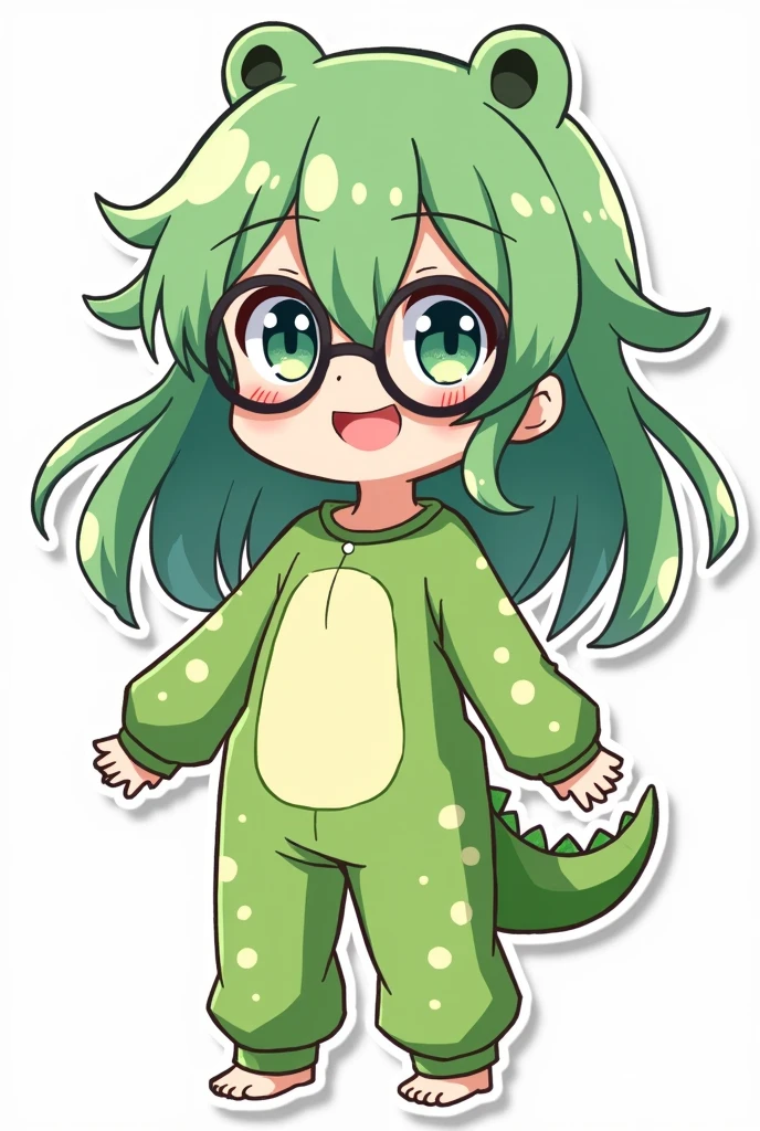 an anime girl with green hair and alligator pajamas, with black round glasses, without the bottom, to use as live emoji.

