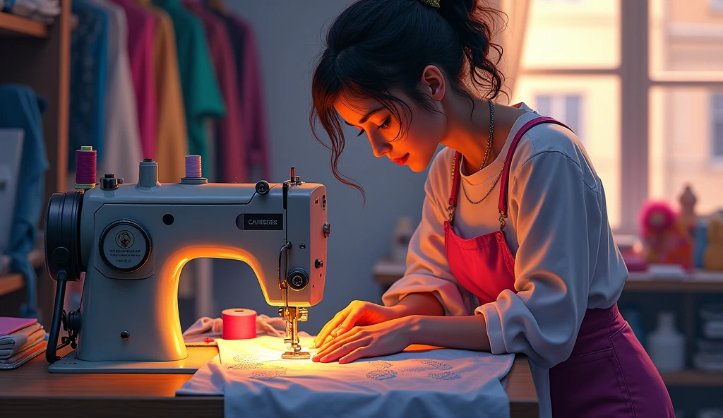 A cover poster portraying in a Taylor stitching clothes in machine