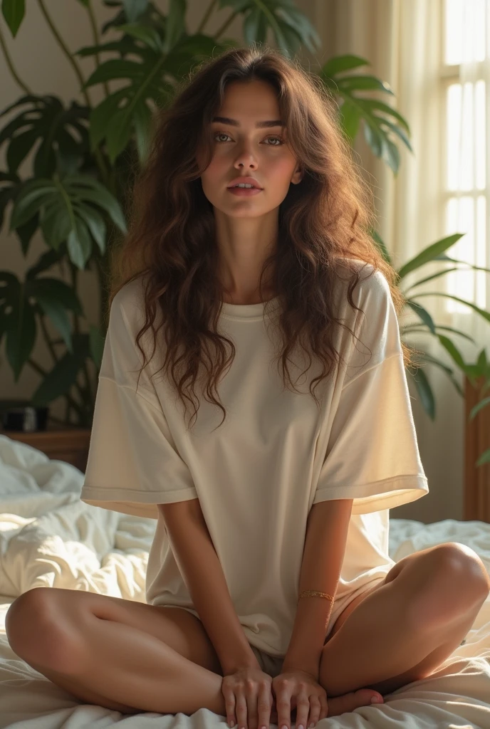 (photorealism:1.2), beautiful woman, sitting on bed, wearing white
Oversized Faded T-Shirt , long curly hair, indoors, soft lighting, plants in background, window with sunlight, cozy room, relaxed pose, realistic, intricate details, warm colors, by Greg Rutkowski, by Alphonse Mucha