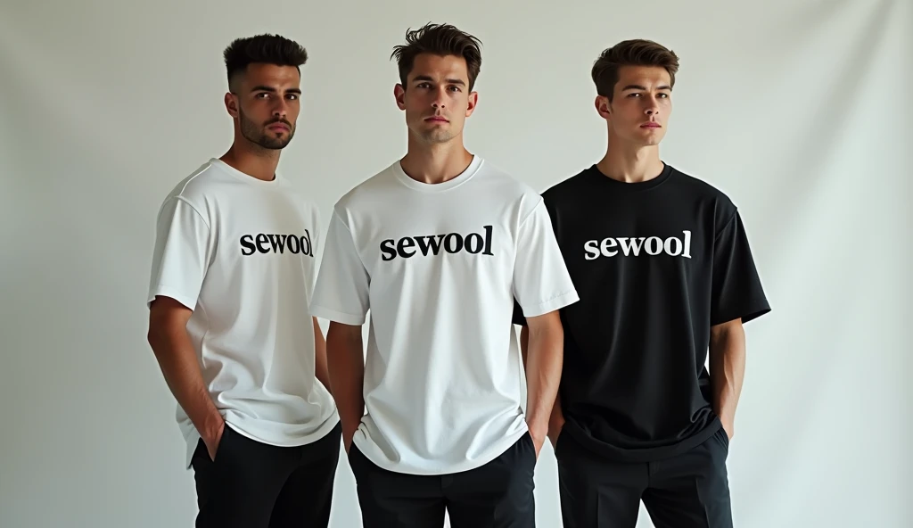 give me a picture of 2 or 3 male models in one picture with wearing oversize t-shirt and wearning formals paint and photoshoot in studio, and print the word on t shirt = Sewool