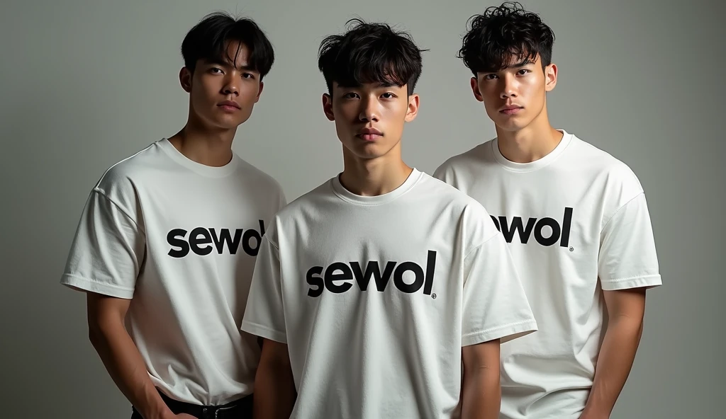 give me a picture of 2 or 3 male models in one picture with wearing oversize t-shirt and wearning formals paint and photoshoot in studio, and print the word on t shirt = Sewool