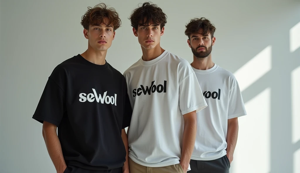 give me a picture of 2 or 3 male models in one picture with wearing oversize t-shirt and wearning formals paint and photoshoot in studio, and print the word on t shirt = Sewool