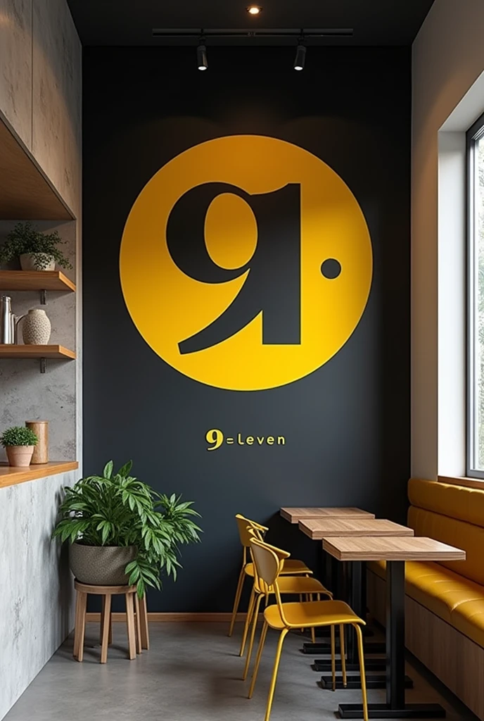 Create a minimalistic  wall mural design for a Restaurant named "9 Eleven" using colors black yellow and white