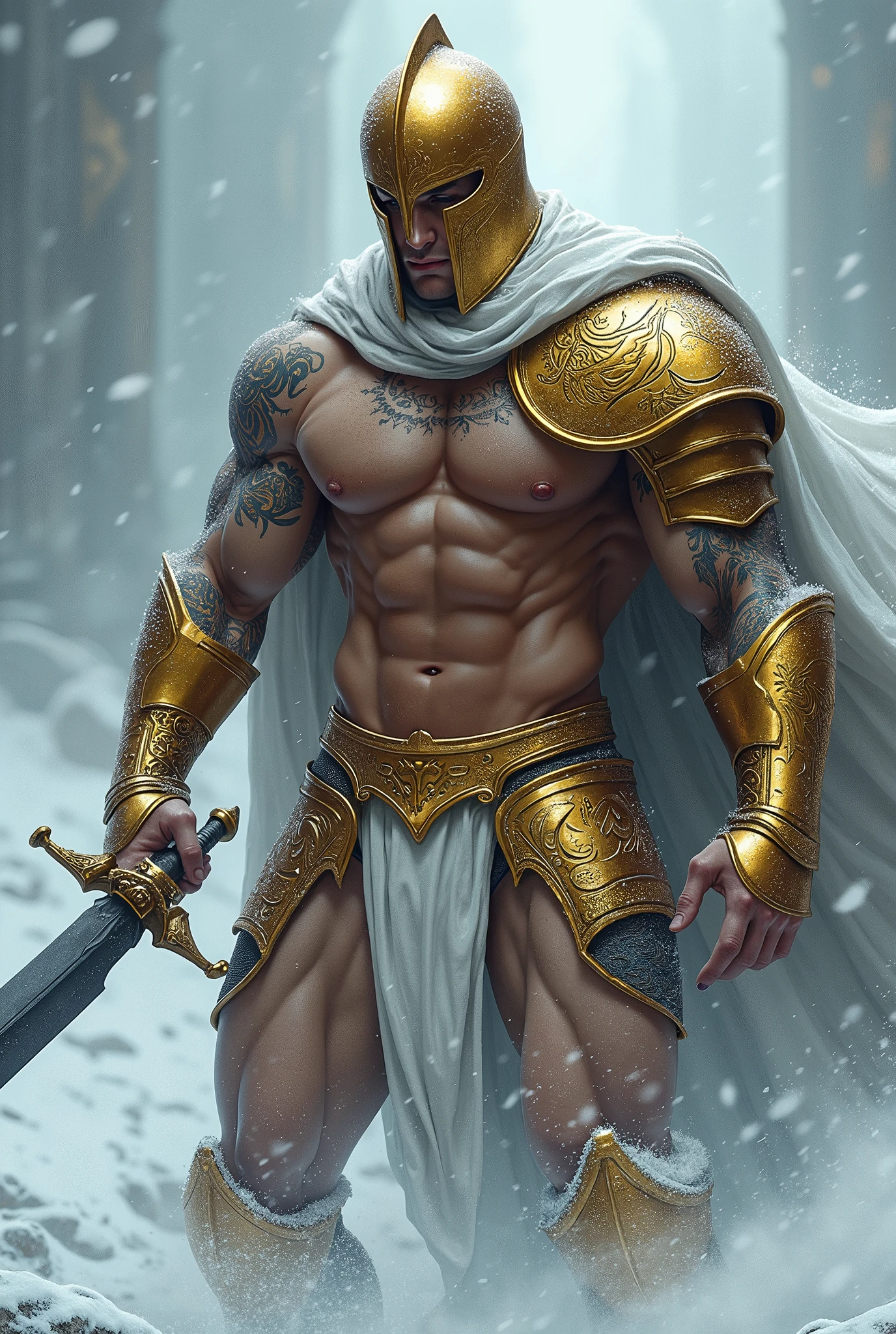 Sexy thin muscular knight with big crotch bulge in the cold snow storm, muscular knight in the cold snow. Men in sexy transparent underwear. Sexy knight male. Knght with a big dark sword. Hairless handsome man fighting in the snow. Knight with shiny tattoos in his arms and a roman's helmet. Sexy big golden jockstrap. Knight with golden armor.