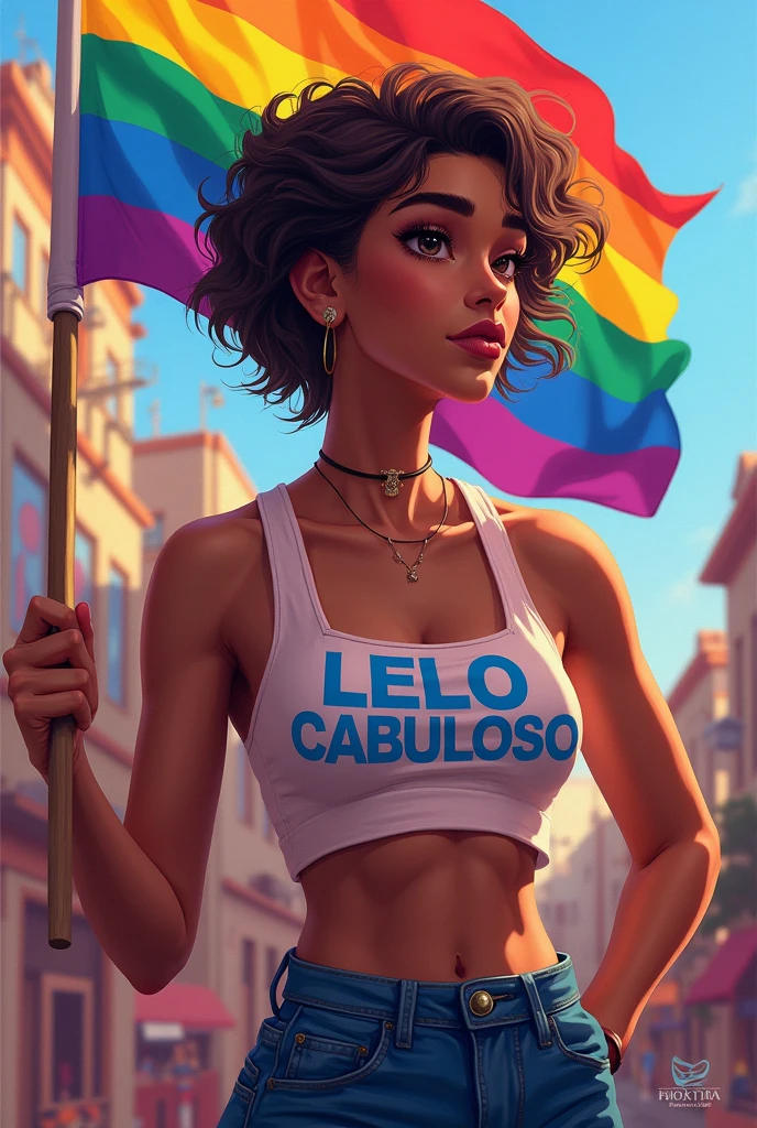 a trans named lelo cabuloso holding an lgbt flag,the name has to appear