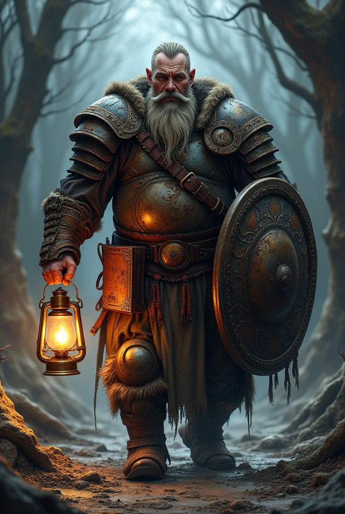A dark grim fantasy dwarf wearing rusty full plate armour, fit middle-age, with a long beard short hair, holding a lantern in one hand and a shield with the other, an ancient spell book tied to his belt
