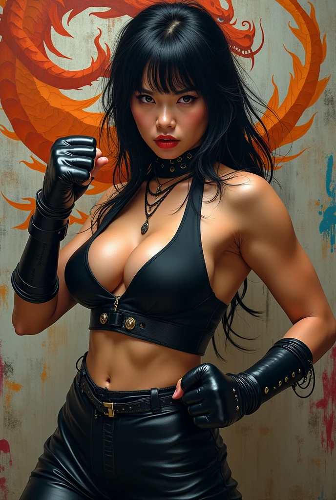 Cute bruce lee sexy gothic female fighting stance, heroic stance pose, boxing stance, in a fighting pose, 3D effect ultra-detailed intricate insanely full HD, full body portrait, hyperrealist artwork by Iván Pili , close-up portrait, extreme close-up, wide-angle shot, spotlight embroidery, accents, intense gaze, expressive eyes, toned body, , , (steampunk), heroic proportions, epic fantasy concept, gong li, Bai Ling, , over-the-shoulder shot, Chung Li, graffiti dragon 3D effect ultra-detailed intricate insanely full HD painted in walls