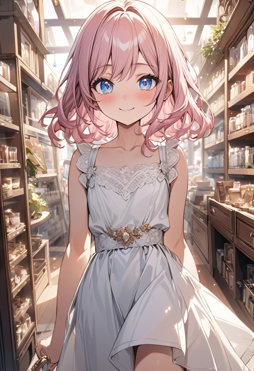 Close-up of a girl with long light pink hair and blue eyes, smiling warmly. She is wearing a luxurious yellow blouse and a white dress, paired with sandals. The scene is inside a shop, where she is looking at a gelato with a joyful expression. The focus is on her face and outfit, capturing the details of her smile and the elegant ambiance of the shop interior.
best quality,masterpiece,natural lighting,super fine illustration,high resolution,(flat chest:1),amazing,kawaii,cute,cutegirl,detailed face,detailed eyes,8k,utra detailed,detailed,