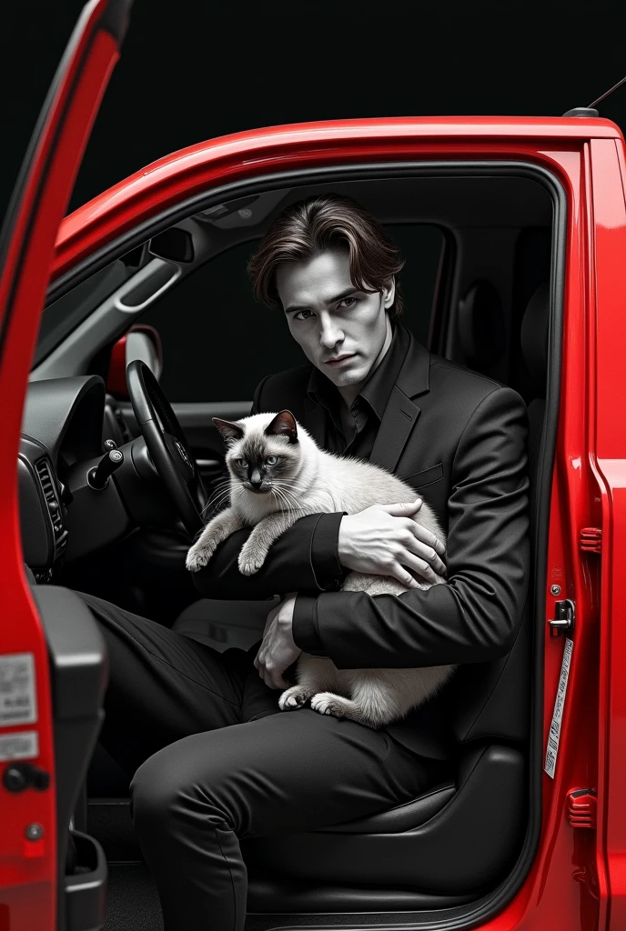 Man with medium long hair dressed in a black suit with a Siamese cat in his arms in a red hilux truck with a black background in pencil drawing style