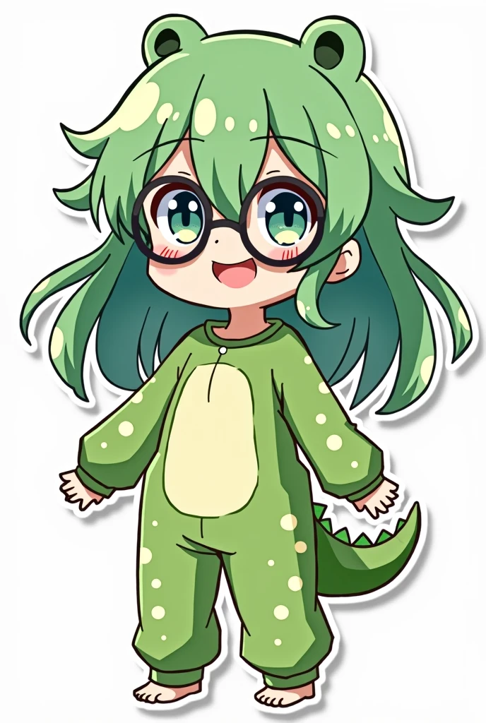 an anime girl with green hair and alligator pajamas, with black round glasses, without the bottom, to use as live emoji.