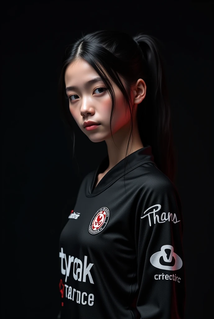 a very close shot with side pose of a skinny girl wearing a black eSports jersey with long sleeves with sponsorships on the jersey, with black background