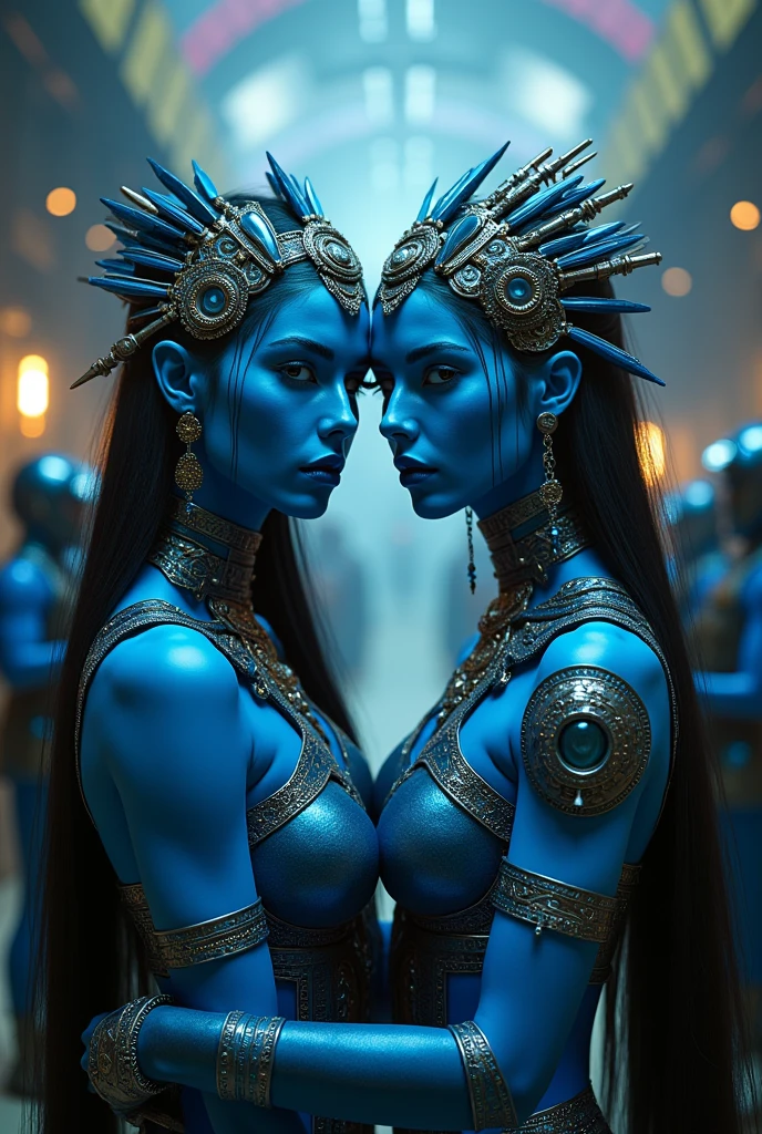 two women in costumes are standing in a room, as lady mechanika, static Prometheus frame, blue body paint, cyberpunk ornaments, Aztec Empress, cinematic details, guards, balcony scene, solarpunk, by Leon Wyczółkowski, sisters, Japanese cgi, Kazakh empress, character close-up  