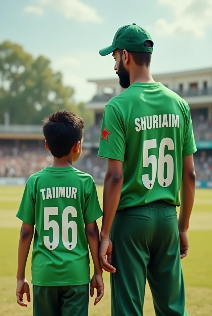 5year old nephew in green t-shirts with 21year old uncle with beard in a cricket going to batting against India the nephew name on t-shirts is Taimur back side and t-shirts number is 7 and the uncle name on t-shirts is SHURAIM and t-shirts number is 56 back side