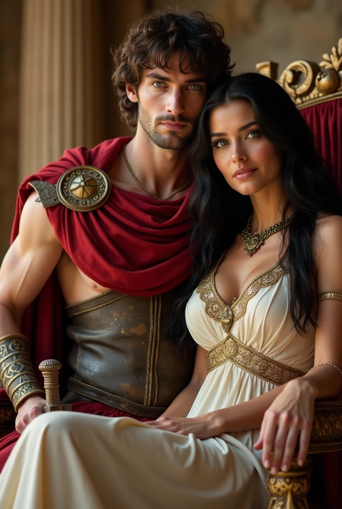 A handsome man dressed as a gladiator, approximately 40 years old, dark brown hair, greeneyes, holding a sword next to a woman, with long black hair, fair skin sitting on an ancient babylonian emperor throne