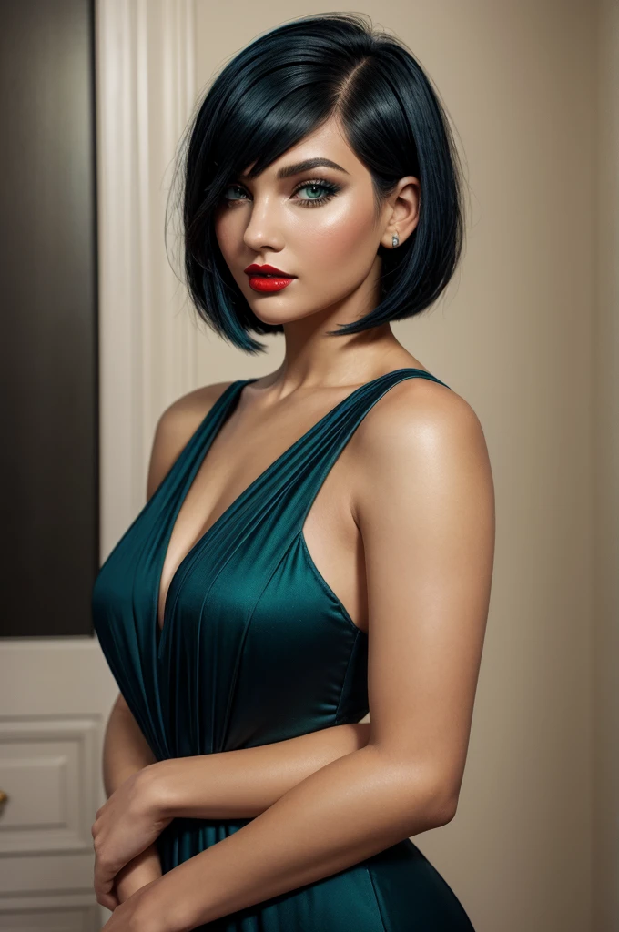 Blue black hair, bobcut, undercut, severe dress, detailed face with bright red lipstick, green eyes, jennifer korbin