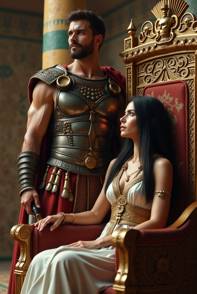 Roman gladiator standing 6’5 standing over beautiful slave wife on her knees. Chains are attached to her neck and wrists. He’s holding chains with authority. She has dark features and dark hair. He has shaved hair