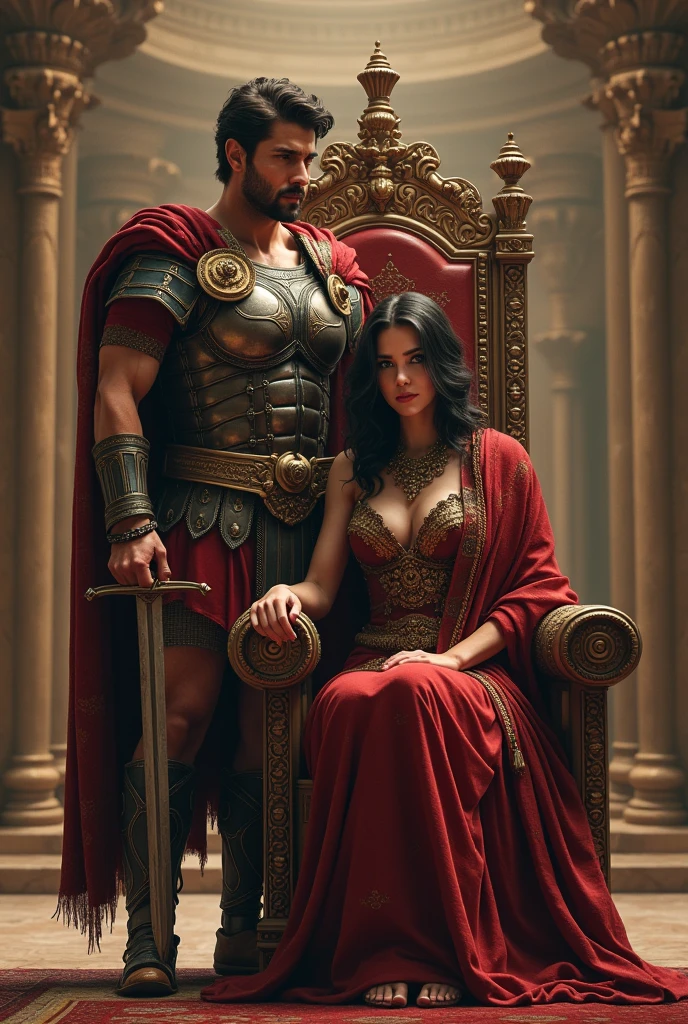 A handsome man dressed as a gladiator, approximately 40 years old, dark brown hair, greeneyes, holding a sword next to a woman, with long black hair, fair skin sitting on an ancient babylonian emperor throne