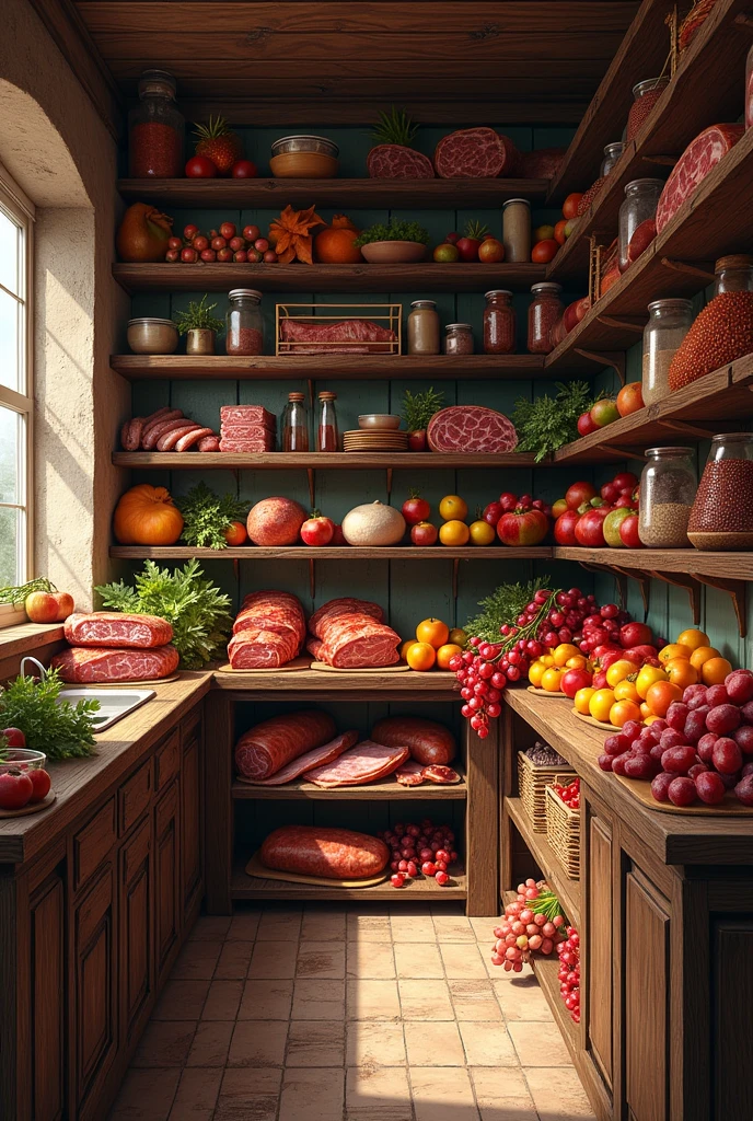 pantry with meats and fruits