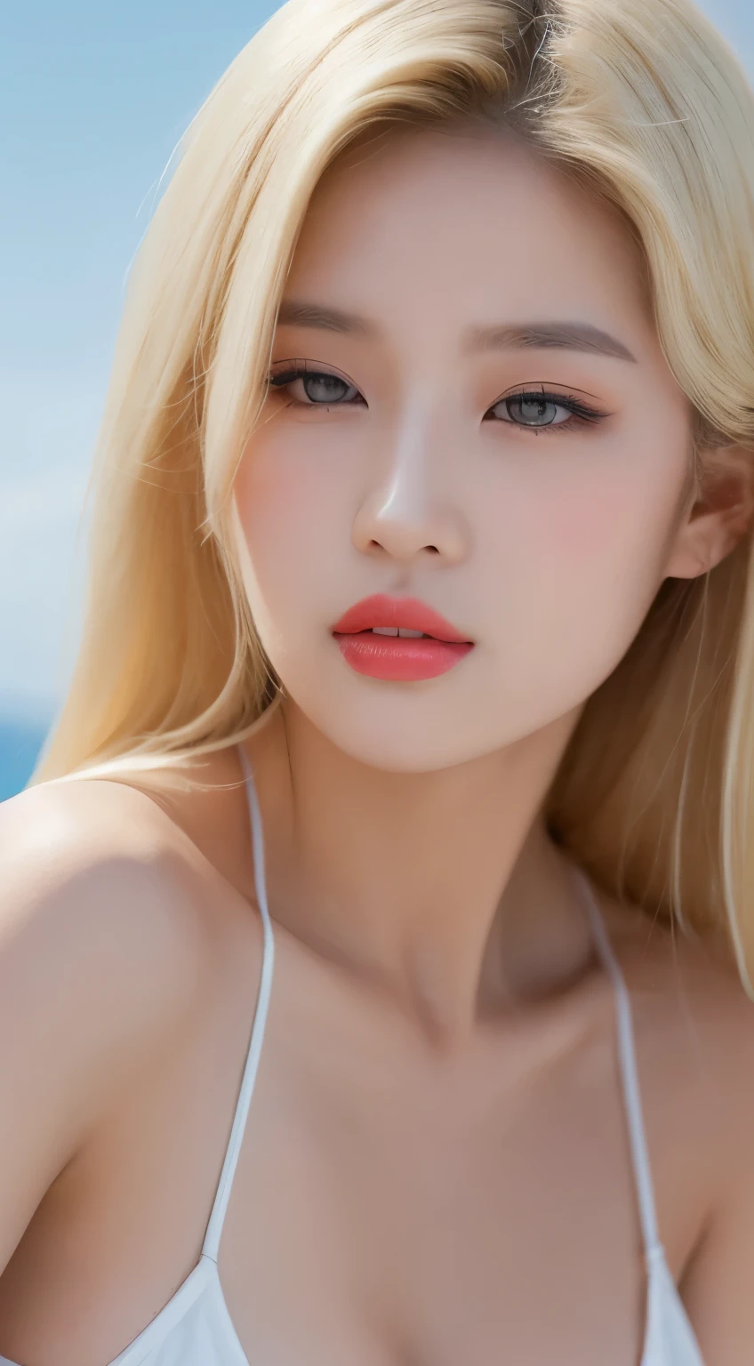 1girl, (Blue Eyes), open mouth, (Sana Minatozaki), wide hips, Big Boobs, big ass, (Best Quality, 8k, Masterpiece: 1.3), Clear Focus: 1.2, Perfect Body Beauty: 1.4, Slender Abs: 1.2, Highly detailed face and skin texture, detailed eyes, double eyelids, (long blonde hair), (lying on a towel), (caught sunbathing naked :1.3), nsfw, nude, in beach, sea in the background