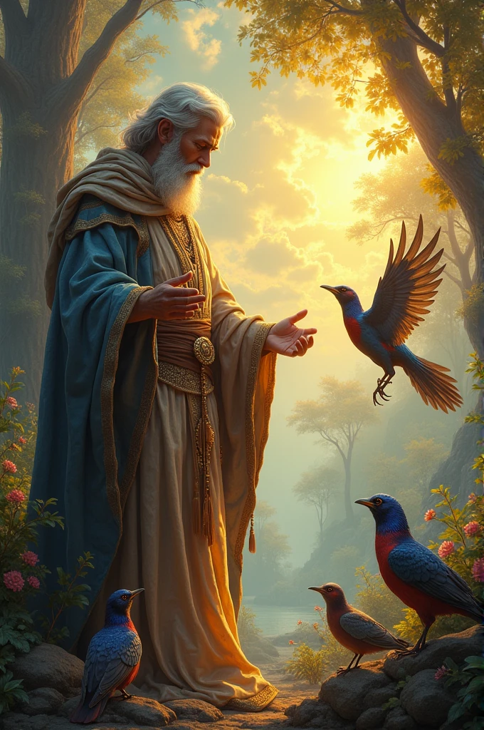 Create a eye-catching image of Prophet Solomon talking with birds.