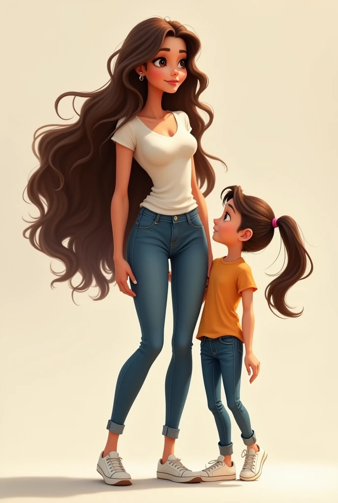 STRONG WOMAN WITH LONG BROWN HAIR IN JEANS AND BLOUSE AND A  GIRL WITH BROWN HAIR WITH PIGTAILS, PIXAR-STYLE JEANS AND WHITE SNEAKERS


