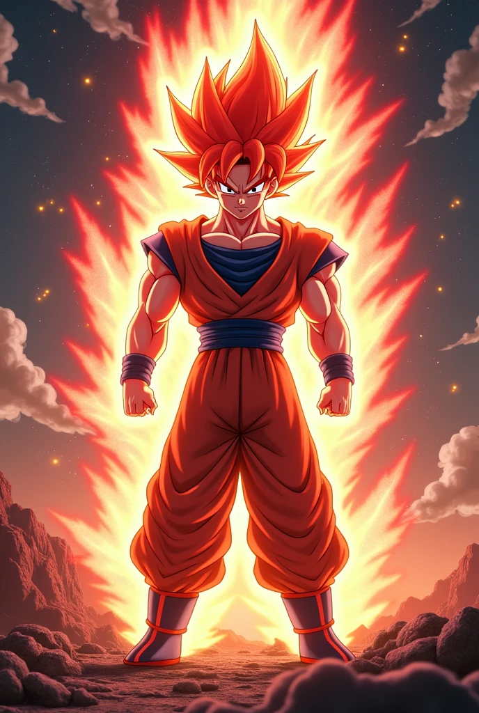 Goku aka kakarot dragon ball super powering up to super saiyan god form with angry face
