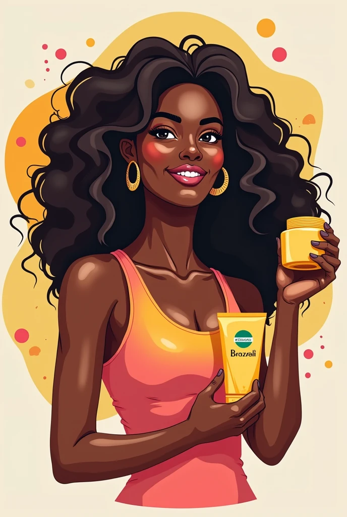 A logo of a cream brand. It shows a Brazilian woman with curly hair holding a hair cream in her hand.