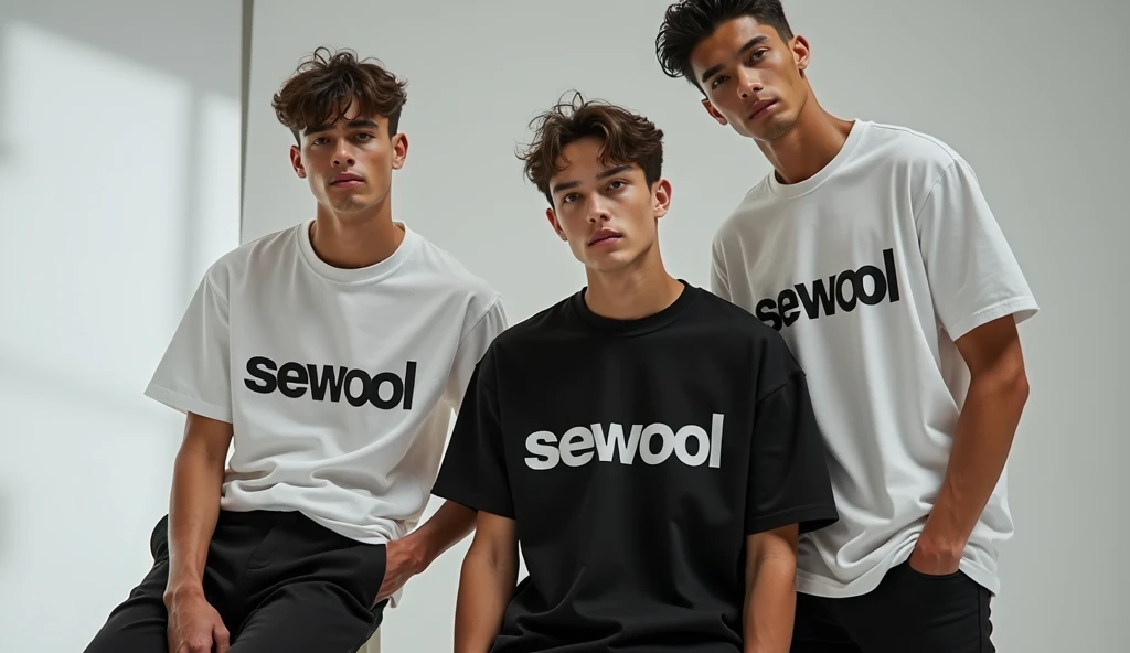 give me a picture of 2 or 3 male models in one picture with wearing oversize t-shirt and wearning formals paint and photoshoot in studio, and print the word on t shirt = Sewool