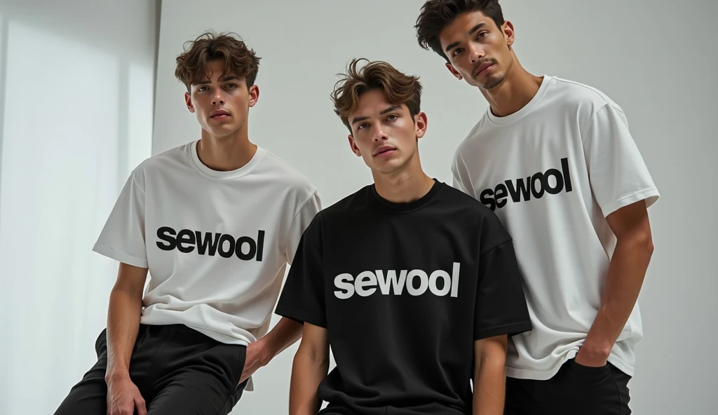 give me a picture of 2 or 3 male models in one picture with wearing oversize t-shirt and wearning formals paint and photoshoot in studio, and print the word on t shirt = Sewool