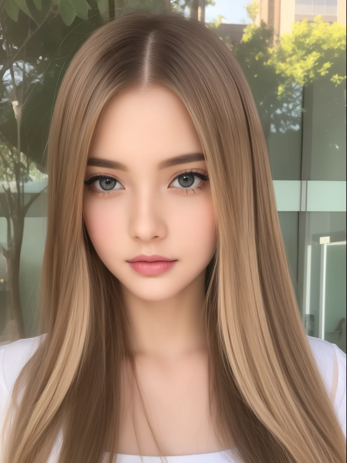 Dazzling platinum blonde hair、portlate、School Uniforms、bright expression、poneyTail、Young shiny shiny white shiny skin、Best Looks、Super long silky straight hair、Beautiful bangs that shine、Double eyelids、eye liner、Crystal clear big blue eyes that shine attractively、a small face、Very beautiful lovely cute 1 Eastern European girl、Large bust