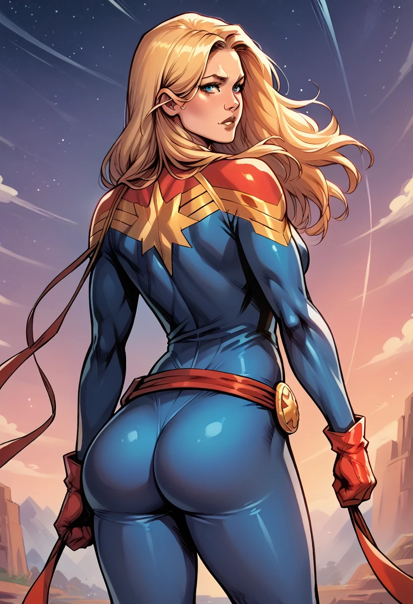 score_9, score_8_up, score_7_up, BREAK, score_9, carol_danvers, blonde hair, blue eyes, bodysuit, star logo, red gloves, red belt, long hair, looking at viewer, cowboy shot, ass, from behind, sky